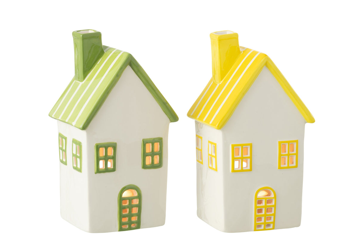 Theelichthouder Huis Dolomiet Geel/Groen Assortiment Van 2
