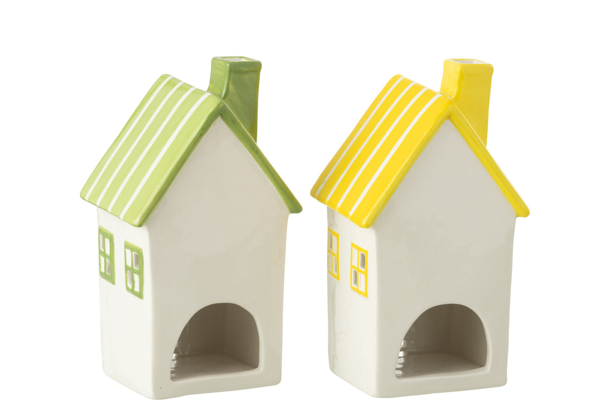 Theelichthouder Huis Dolomiet Geel/Groen Assortiment Van 2