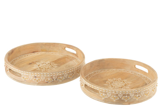 Set van 2 dienblad 2 handvat kralen mango hout naturel/wit