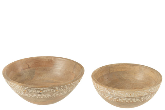 Set van 2 kommen kralen mango hout naturel/wit