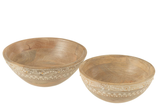 Set van 2 kommen kralen mango hout naturel/wit