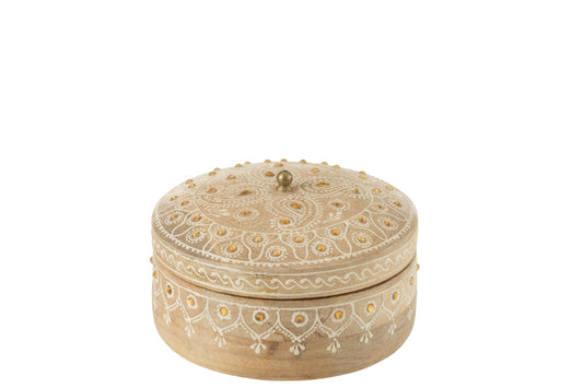 Doos + deksel kralen rond mango hout naturel/wit klein