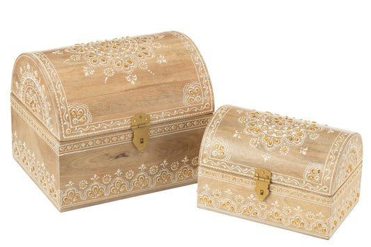 Set van 2 doos rechthoekig kralen mango hout naturel/wit