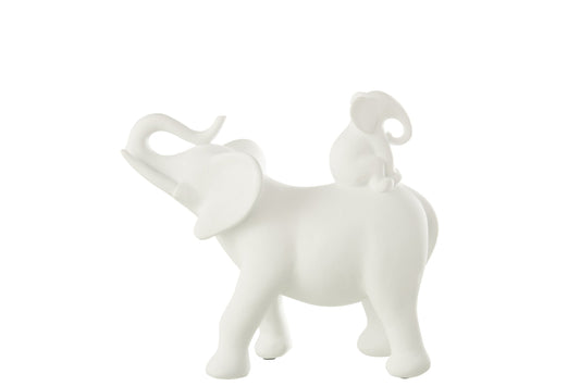 Elephant Carrying Baby Polyresin White