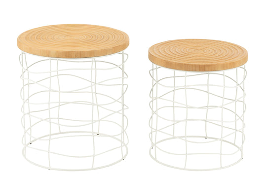 Set Of 2 Side Tables Carving Iron/Pine Wood Natural/White