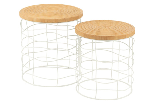 Set Of 2 Side Tables Carving Iron/Pine Wood Natural/White