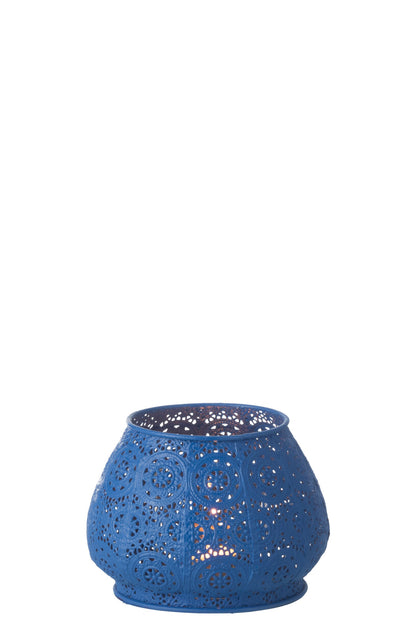 Theelichthouder Cylinder Metaal/Glas Blauw Large