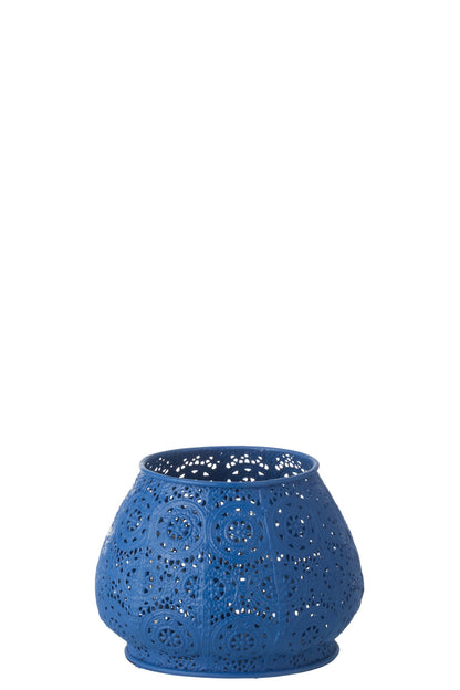 Theelichthouder Cylinder Metaal/Glas Blauw Large