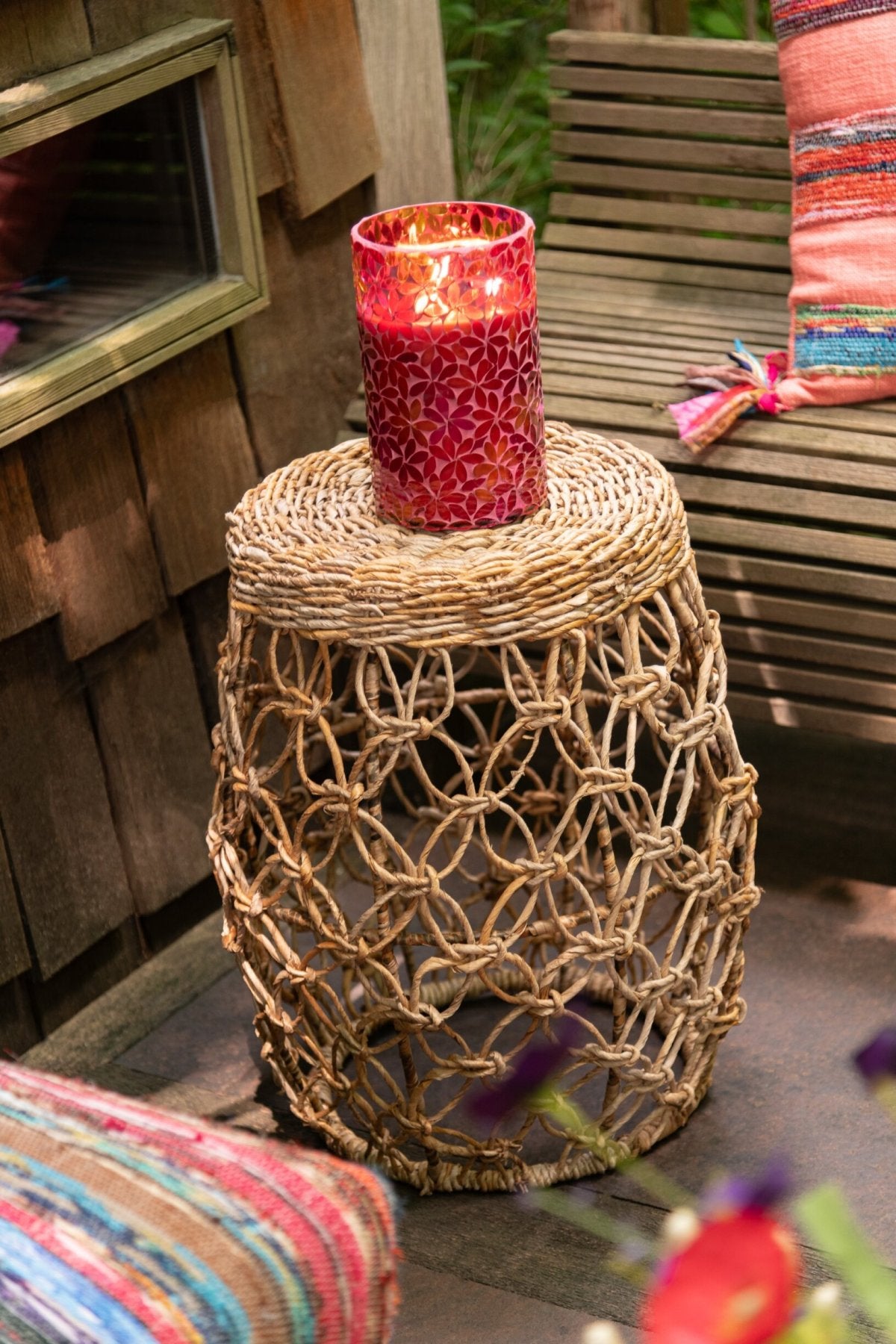 Side Table Barrel Iron/Banana Leaf Natural