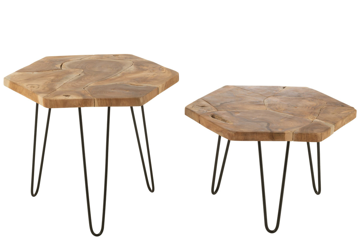 Set Of 2 Side Table Hexagone Teak Wood/Metal Natural