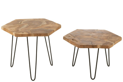 Set Of 2 Side Table Hexagone Teak Wood/Metal Natural