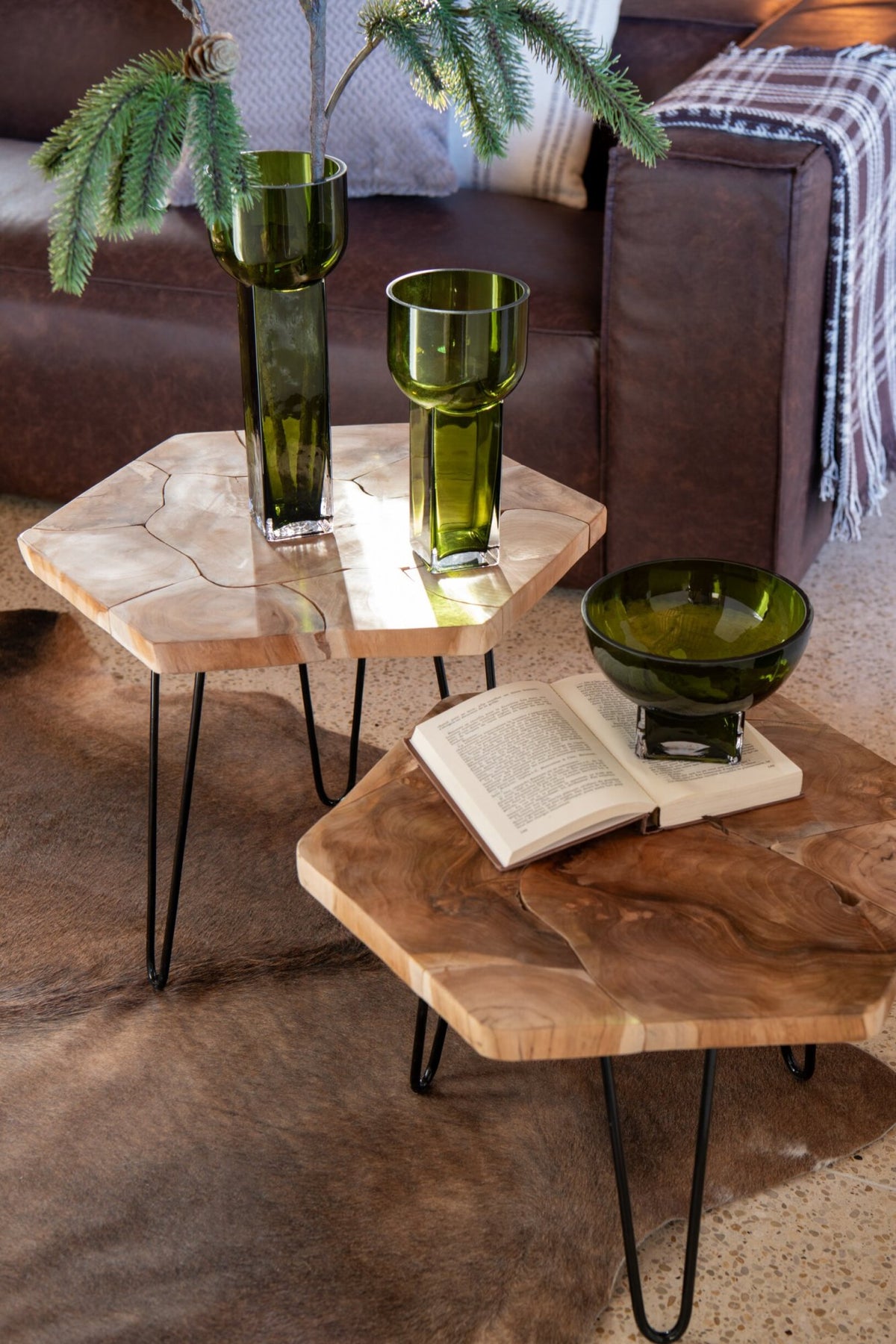 Set Of 2 Side Table Hexagone Teak Wood/Metal Natural