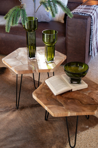 Set Of 2 Side Table Hexagone Teak Wood/Metal Natural
