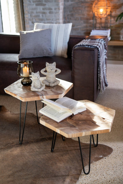 Set Of 2 Side Table Hexagone Teak Wood/Metal Natural