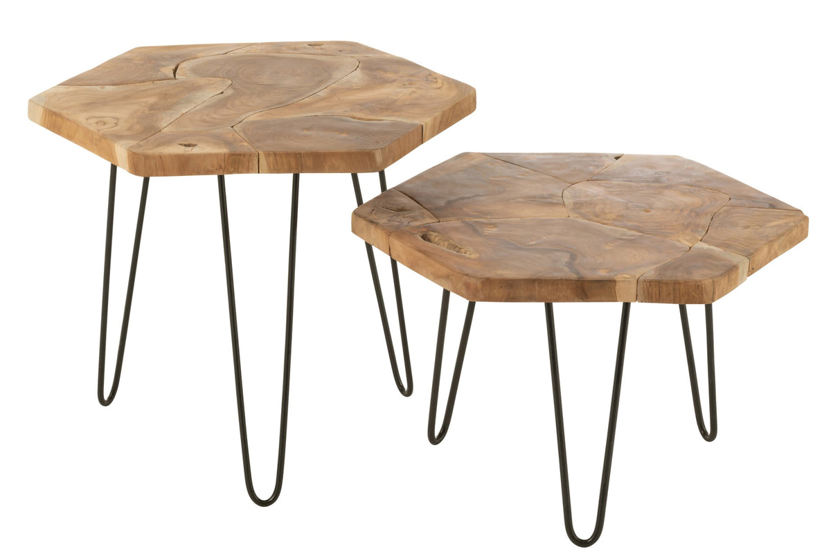 Set Of 2 Side Table Hexagone Teak Wood/Metal Natural