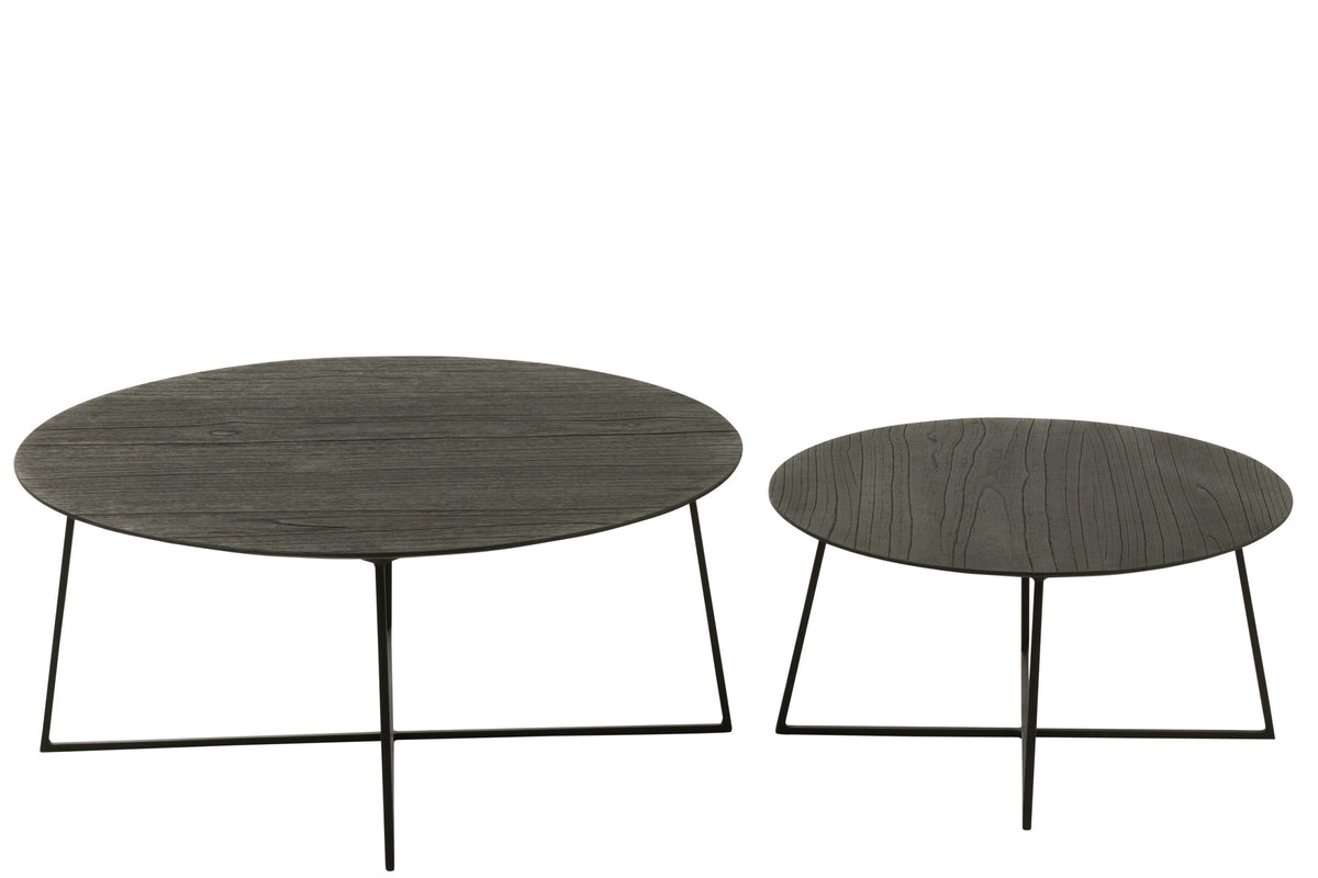 Set Of 2 Side Tables Round Teak Wood/Metal Black