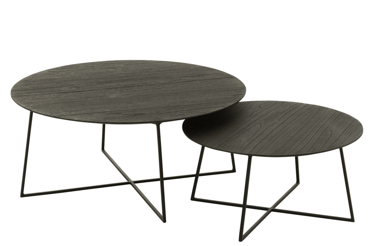 Set Of 2 Side Tables Round Teak Wood/Metal Black