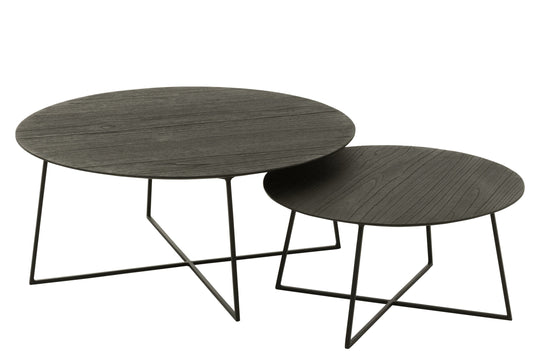 Set Of 2 Side Tables Round Teak Wood/Metal Black