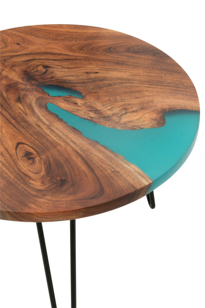 Side Table Round Acacia Wood/Resin Natural/Blue
