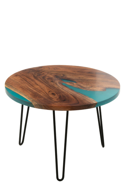 Side Table Round Acacia Wood/Resin Natural/Blue