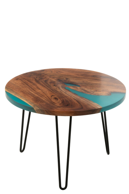 Side Table Round Acacia Wood/Resin Natural/Blue