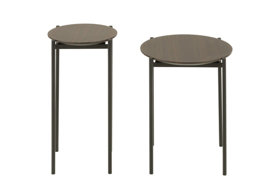 Set Of 2 Side Tables Round Mdf/Metal Dark Brown