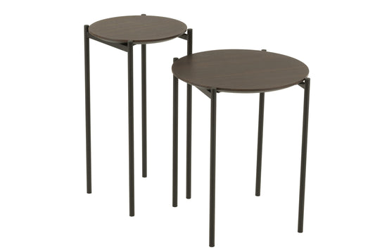 Set Of 2 Side Tables Round Mdf/Metal Dark Brown