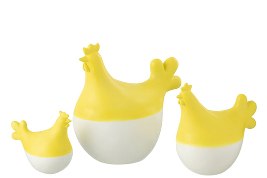 Set Of 3 Roosters Polyresin White/Yellow