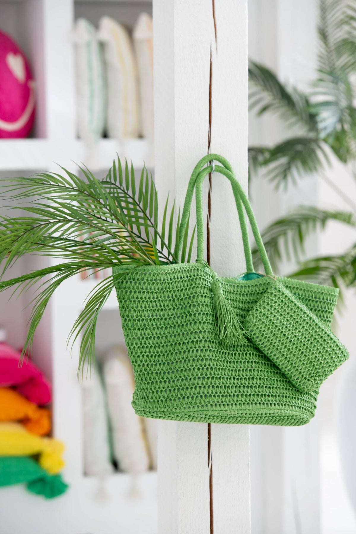 Strandtas met etui papier groen/geel assortiment van 2