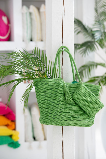 Strandtas met etui papier groen/geel assortiment van 2