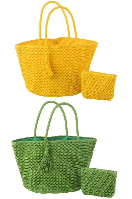 Strandtas met etui papier groen/geel assortiment van 2