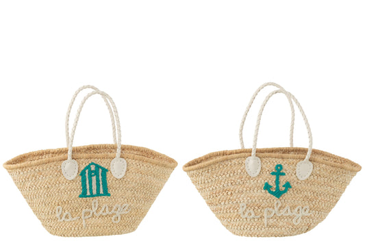 Strandtas La Plage maïsblad naturel/wit/azuur assortiment van 2