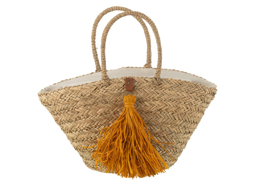 Strandtas kwastjes zeegras/raffia naturel/oker