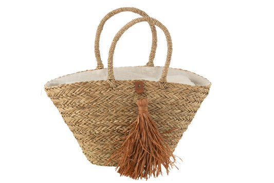 Strandtas kwastjes zeegras/raffia naturel/bruin