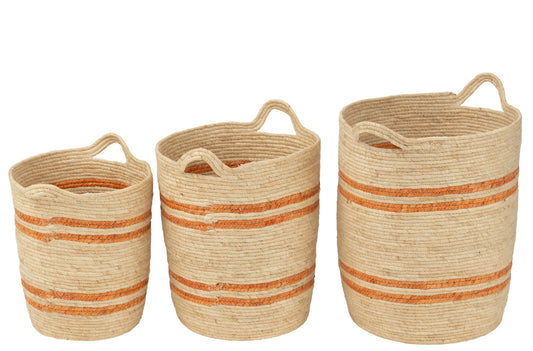 Set van 3 mand strepen + handvat maïs blad naturel/oranje