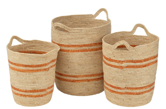 Set van 3 mand strepen + handvat maïs blad naturel/oranje