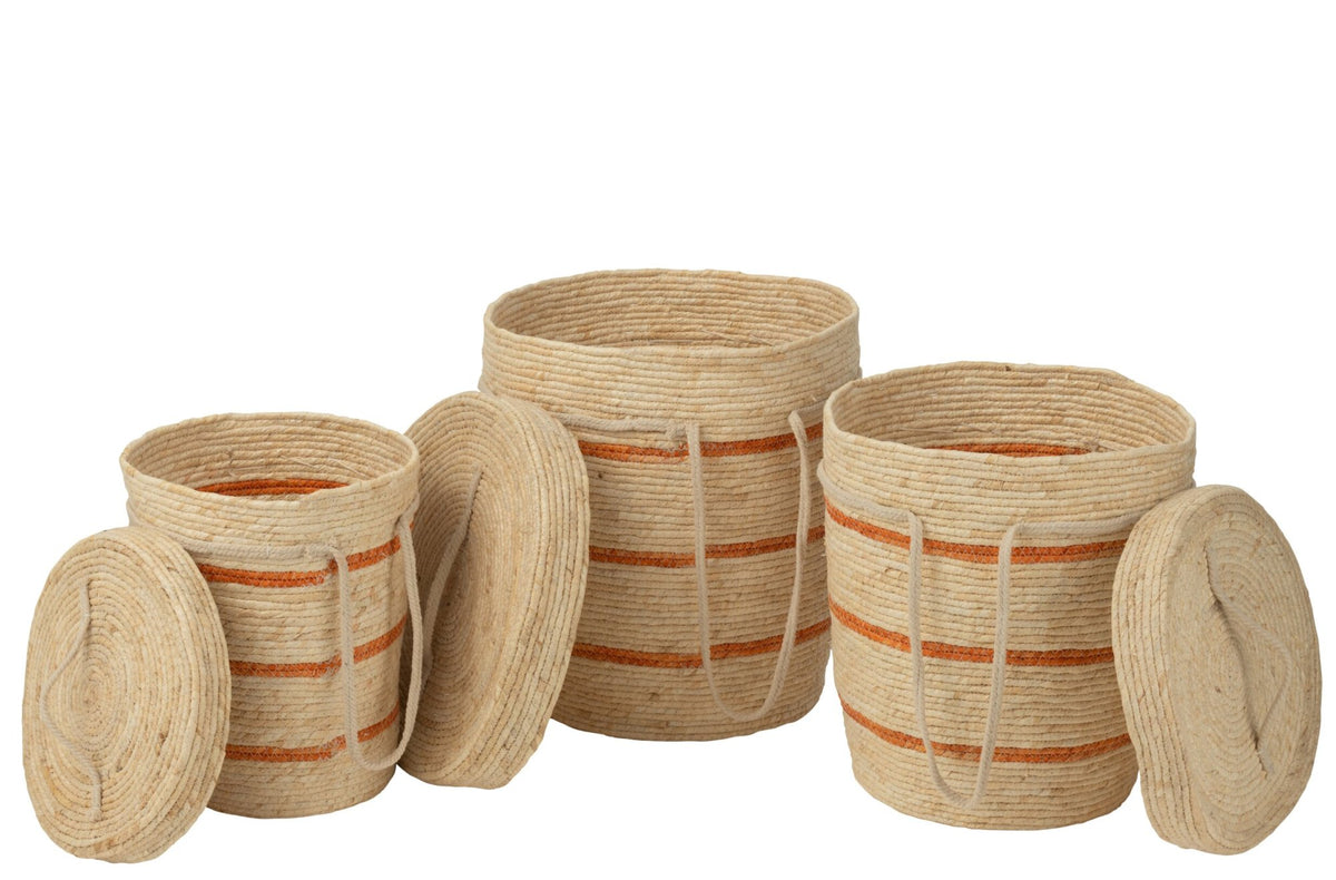 Set van 3 mand strepen + deksel maïs blad naturel/oranje