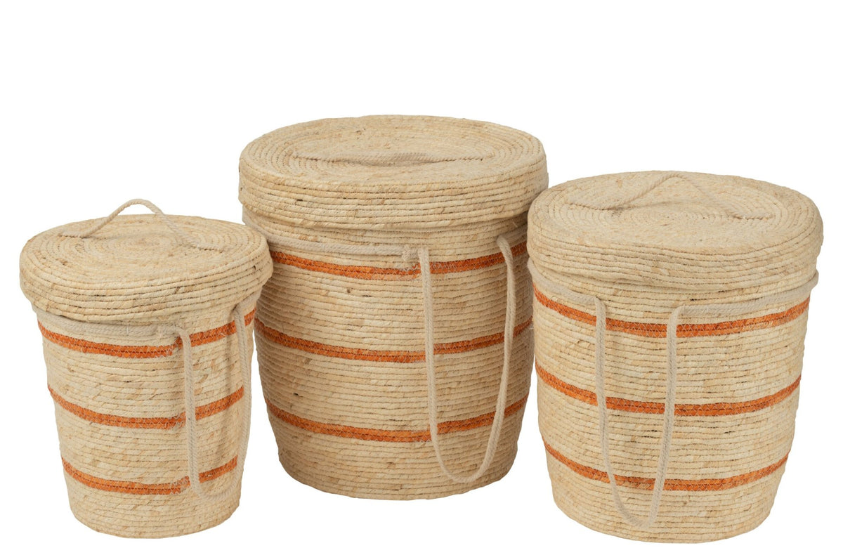 Set van 3 mand strepen + deksel maïs blad naturel/oranje