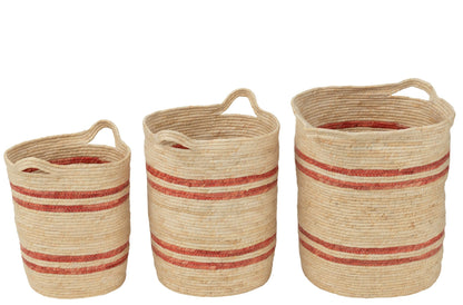 Set of 3 striped baskets + handle natural/red corn husk