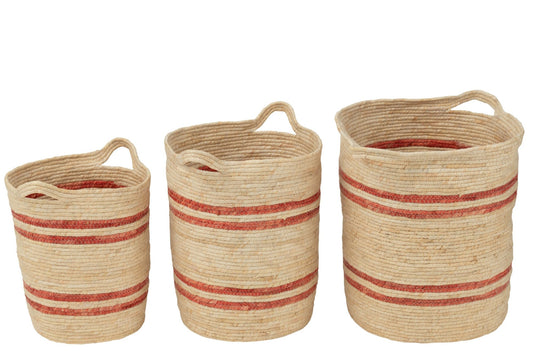 Set van 3 mand strepen + handvat maïs blad naturel/rood