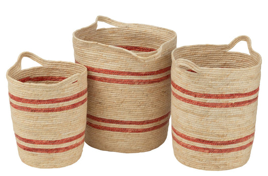 Set van 3 mand strepen + handvat maïs blad naturel/rood