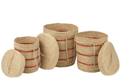 Set of 3 striped baskets + lid, natural/red corn husk
