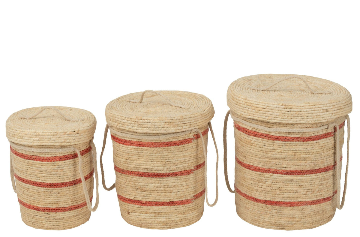 Set of 3 striped baskets + lid, natural/red corn husk