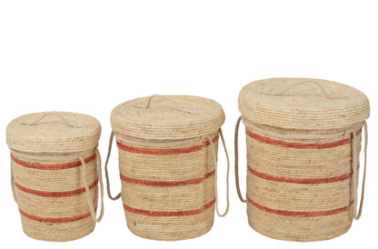 Set of 3 striped baskets + lid, natural/red corn husk