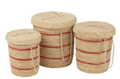 Set of 3 striped baskets + lid, natural/red corn husk