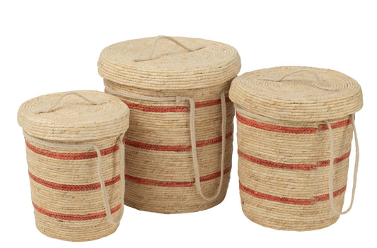 Lot de 3 paniers rayés + couvercle en feuille de maïs naturel/rouge