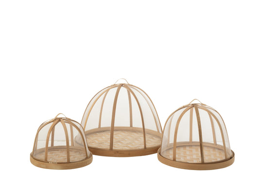 Set van 3 dienblad + voedselkap bamboe naturel/wit