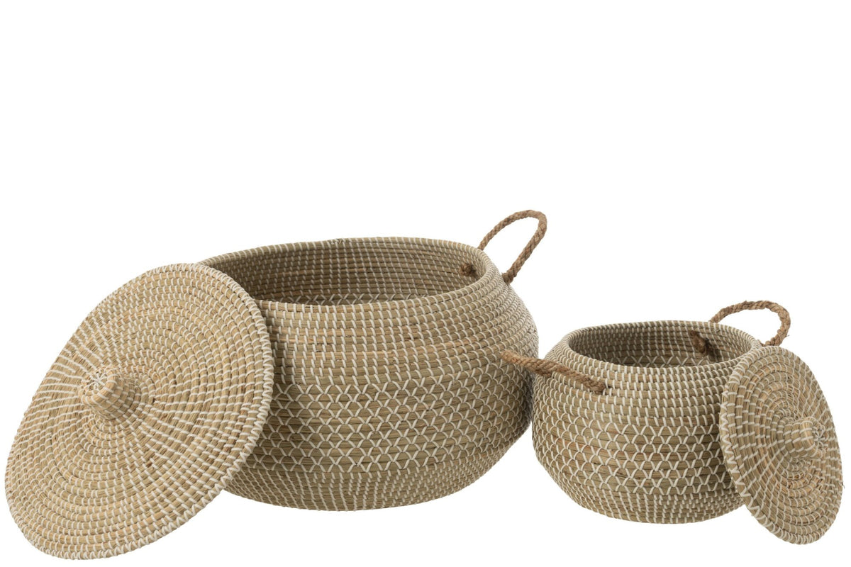 Set van 2 mand handvatten + deksel zeegras/kunststof naturel/wit