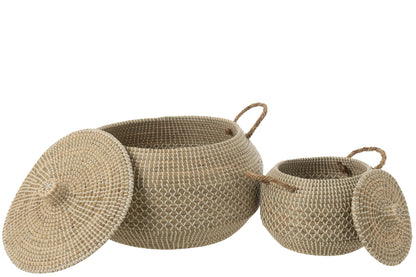 Set van 2 mand handvatten + deksel zeegras/kunststof naturel/wit