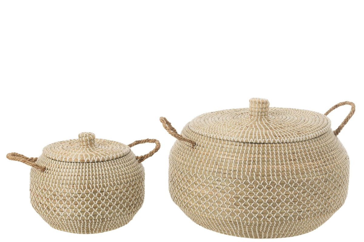 Set van 2 mand handvatten + deksel zeegras/kunststof naturel/wit
